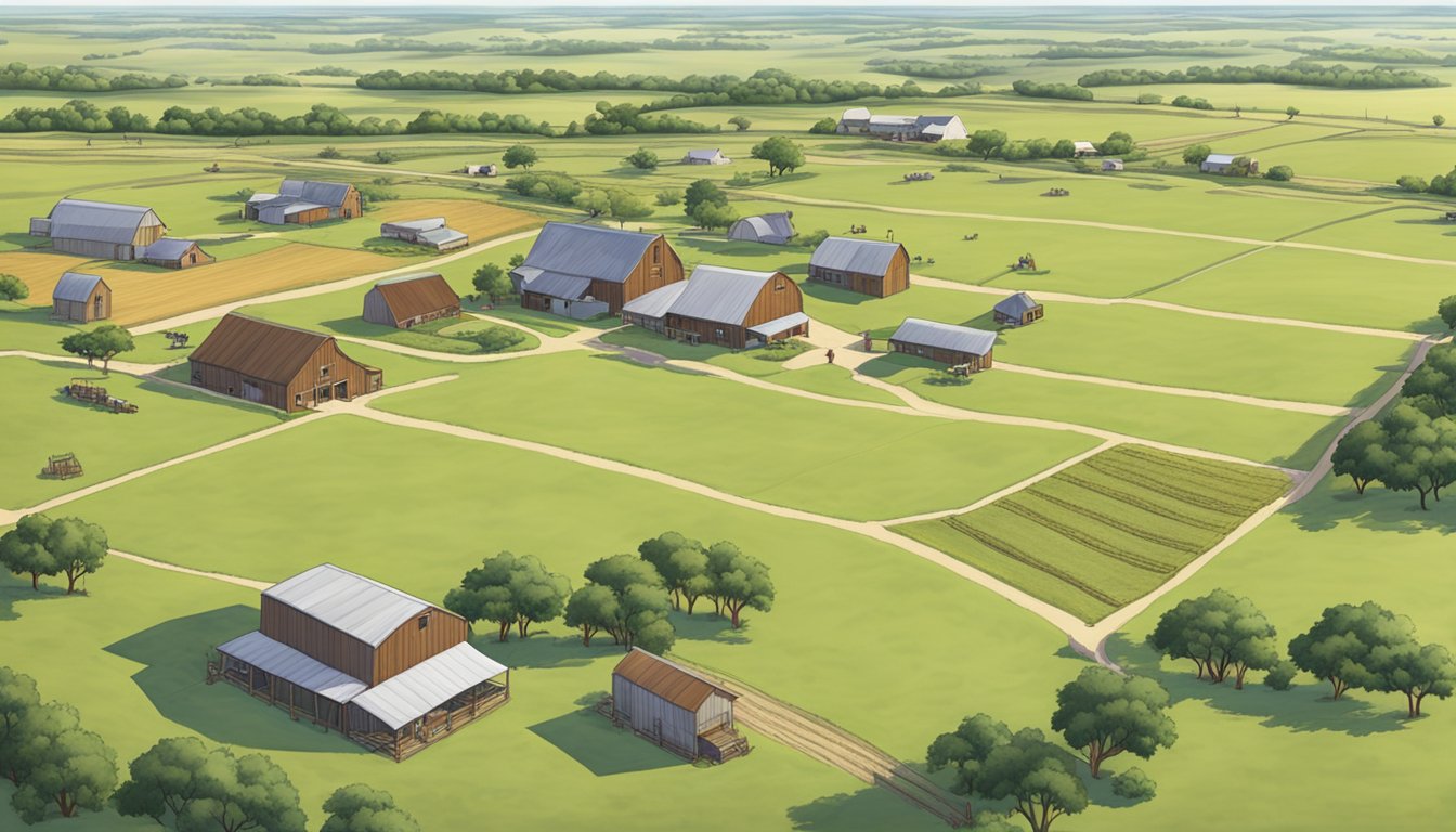 A sprawling ranch in Parker County, Texas, with neatly arranged fields, grazing livestock, and farm equipment scattered across the landscape