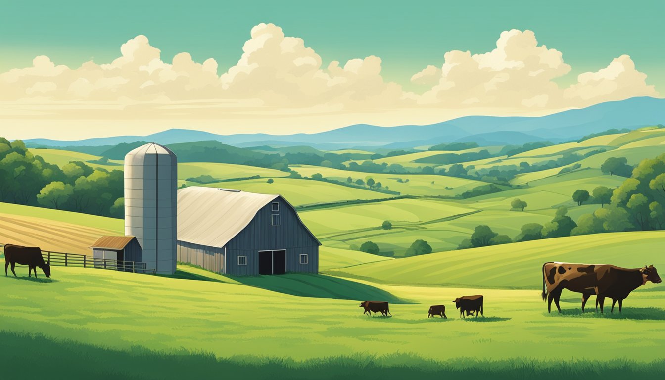 Rolling hills of lush green pastures dotted with grazing cattle, a rustic barn and silo in the distance, and a clear blue sky overhead