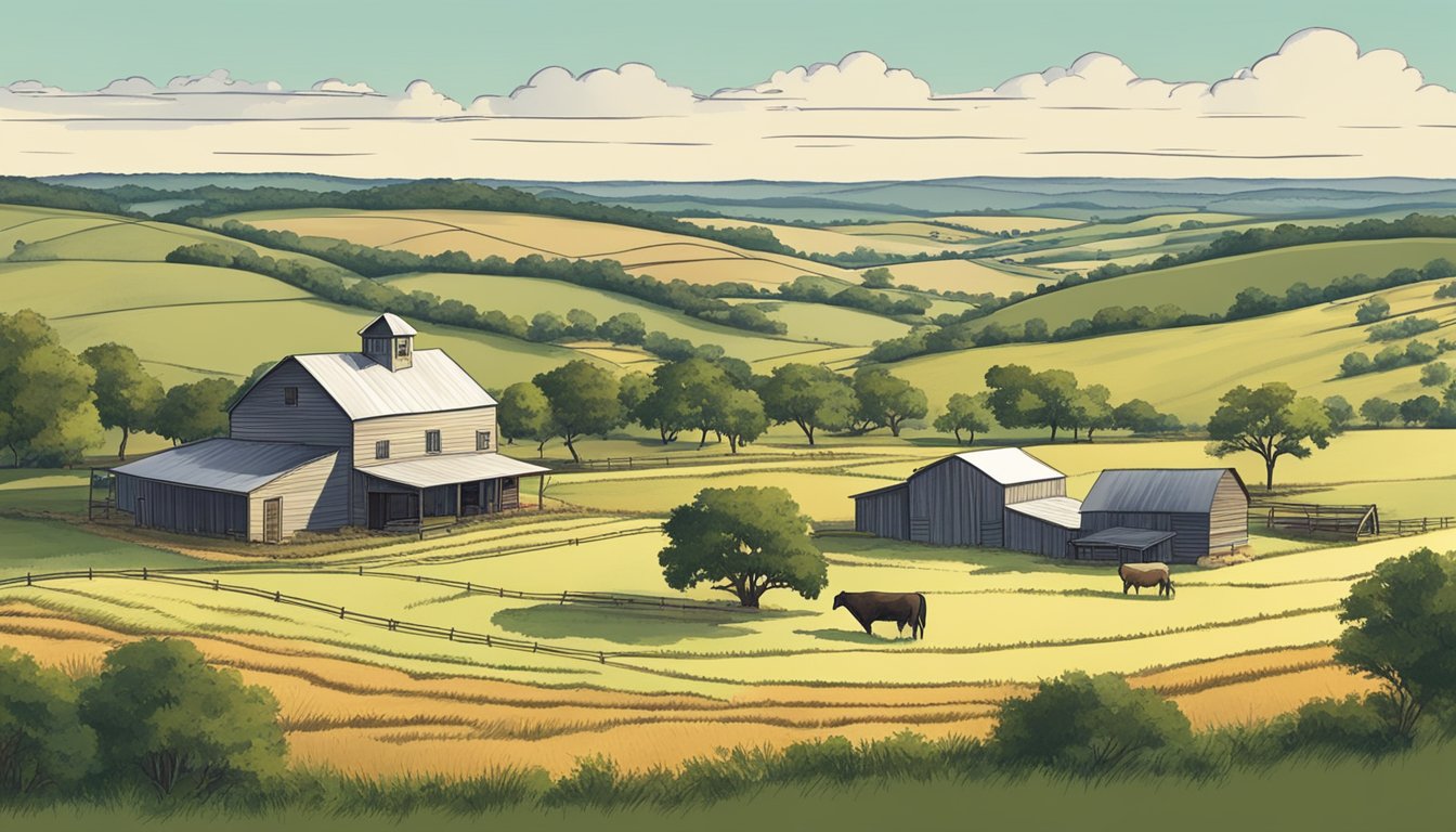 A rural landscape with a farmhouse, barn, and grazing livestock surrounded by fields and rolling hills in Palo Pinto County, Texas