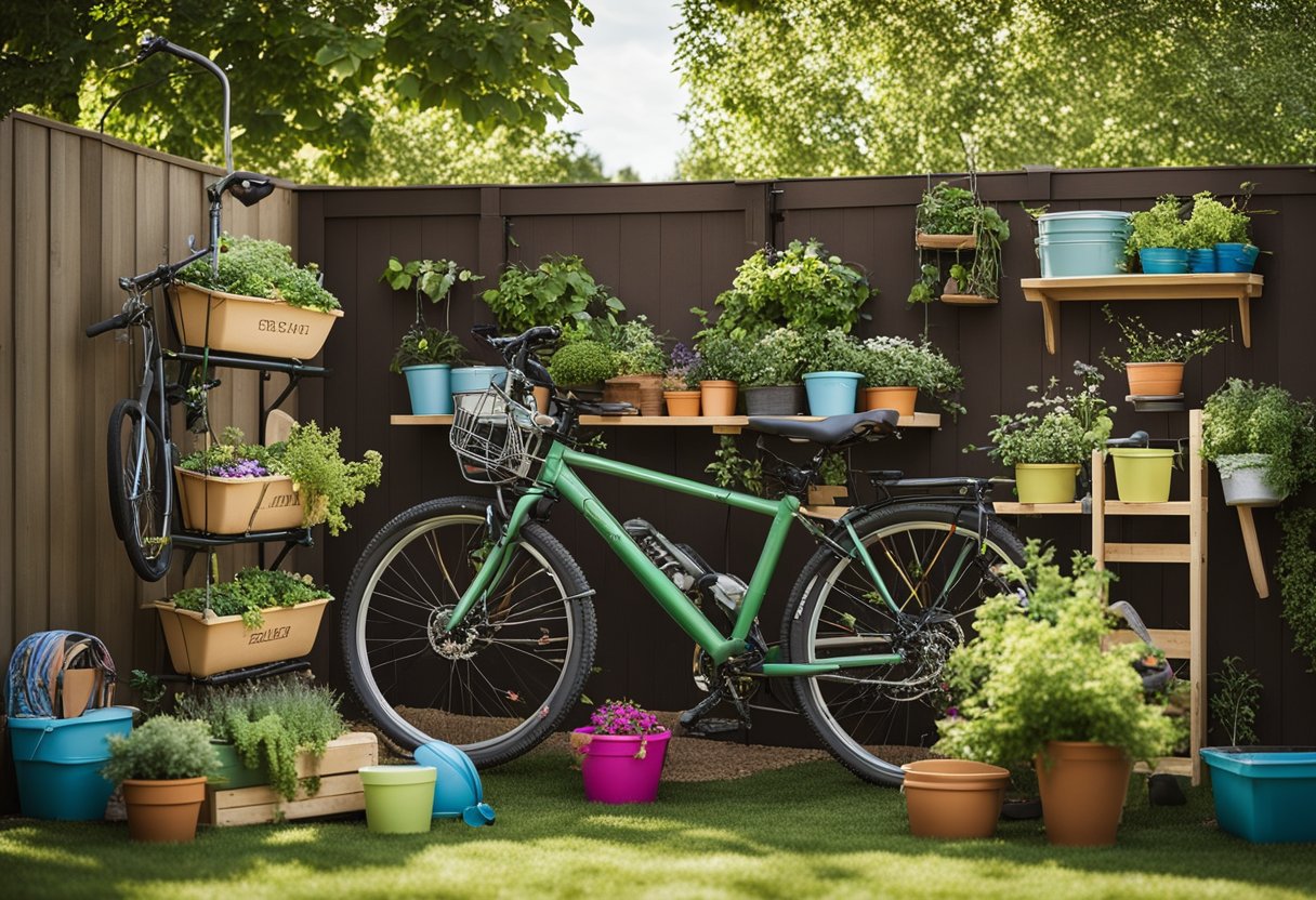 A backyard with various storage solutions: a shed, wall-mounted racks, stacked crates, and hanging baskets. Bicycles, gardening tools, and outdoor toys are neatly organized