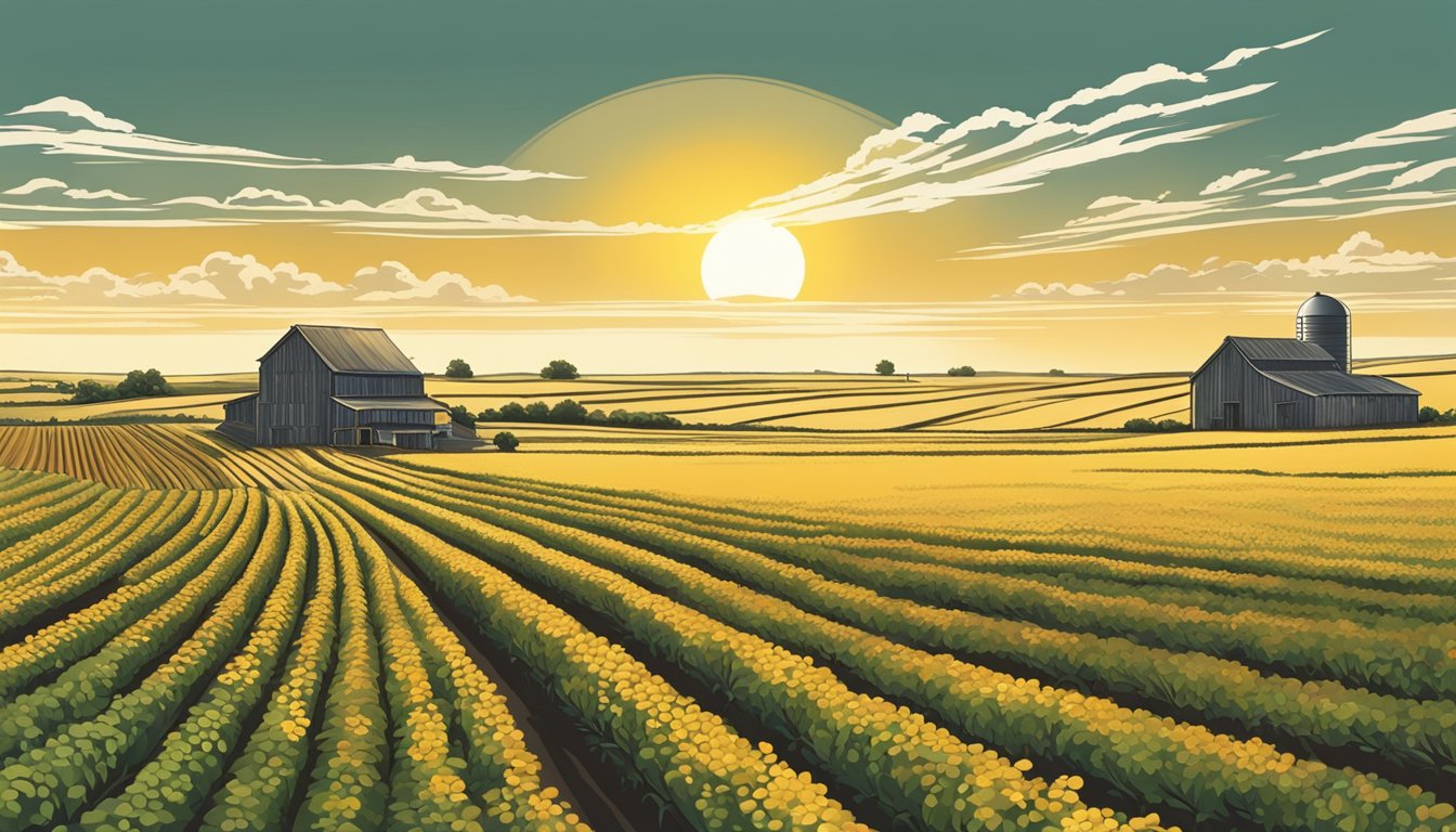 Rolling fields of sun-drenched crops, surrounded by fences and a distant farmhouse under the Texas sky