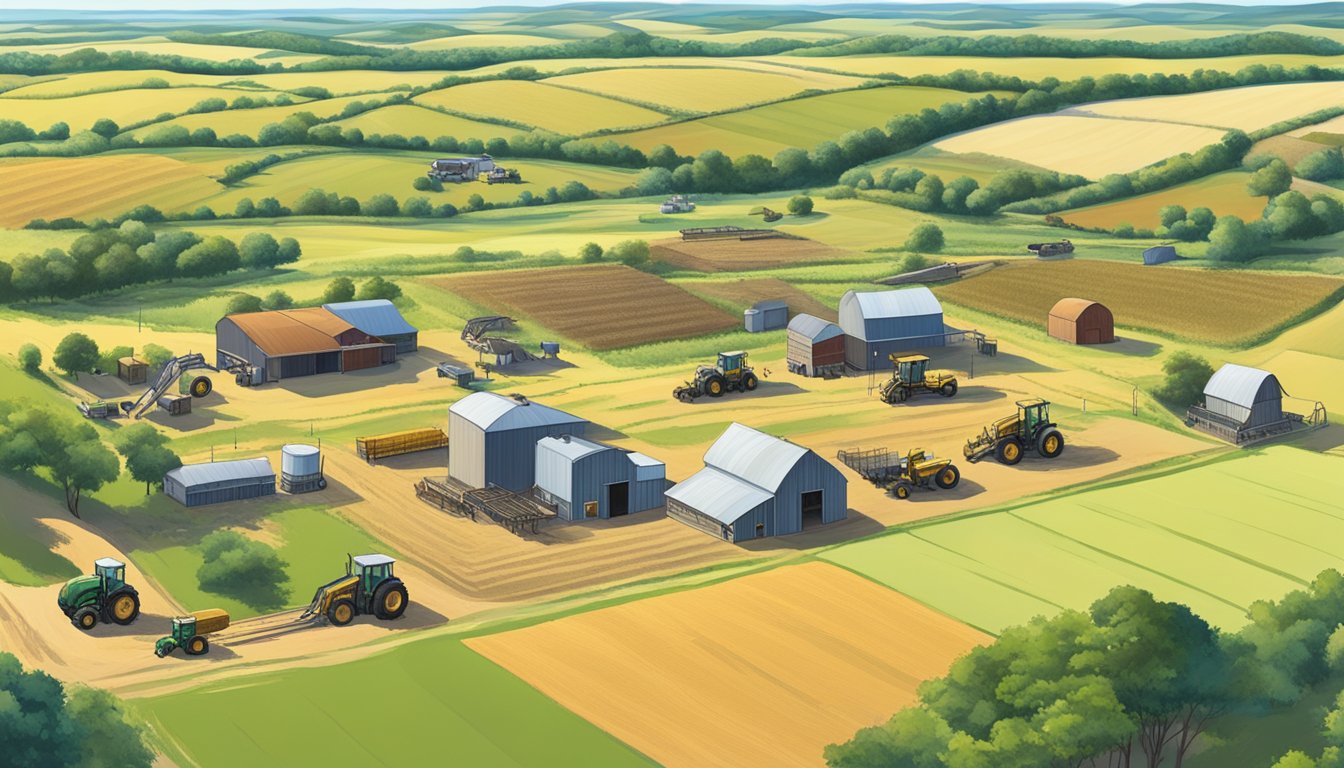 A rural landscape in Palo Pinto County, Texas, with farmland, livestock, and agricultural equipment, under a clear blue sky