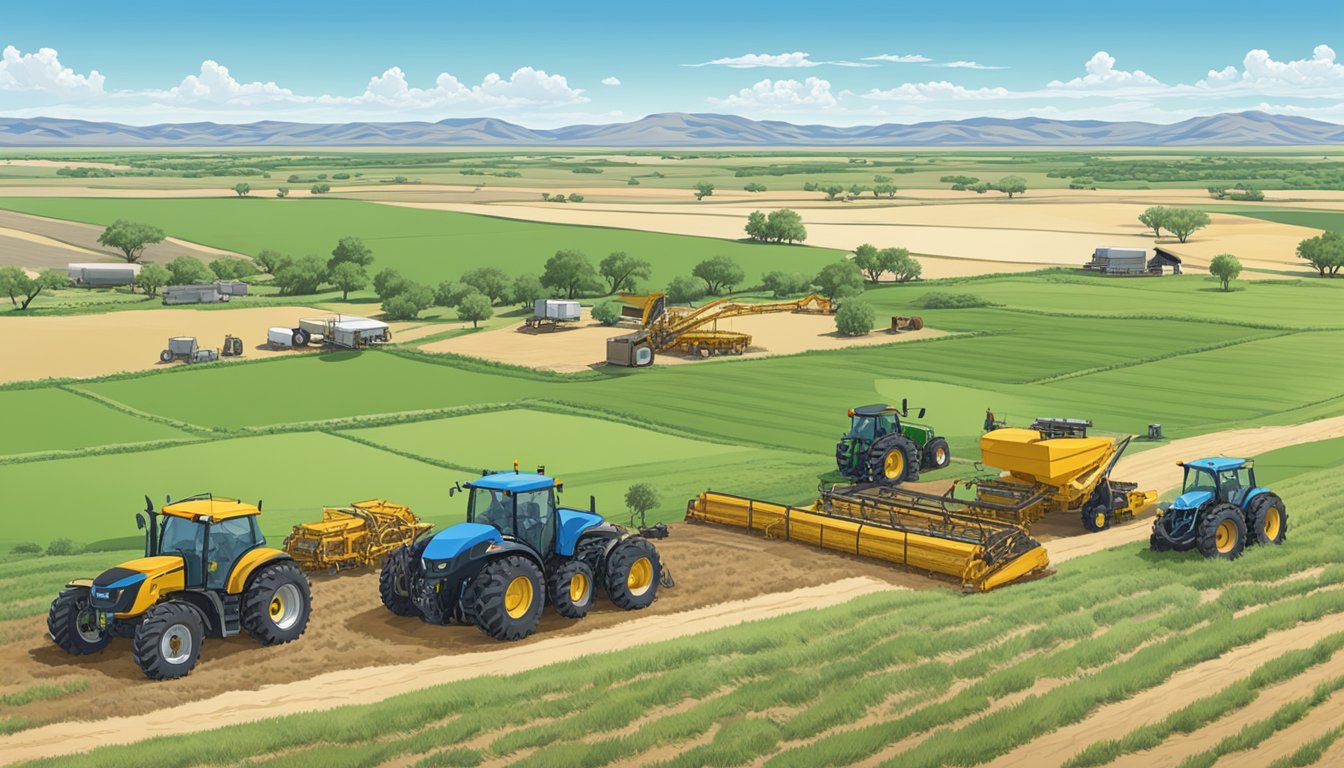 A sprawling landscape of farmland and grazing fields in Reagan County, Texas, with agricultural equipment and livestock, under a clear blue sky