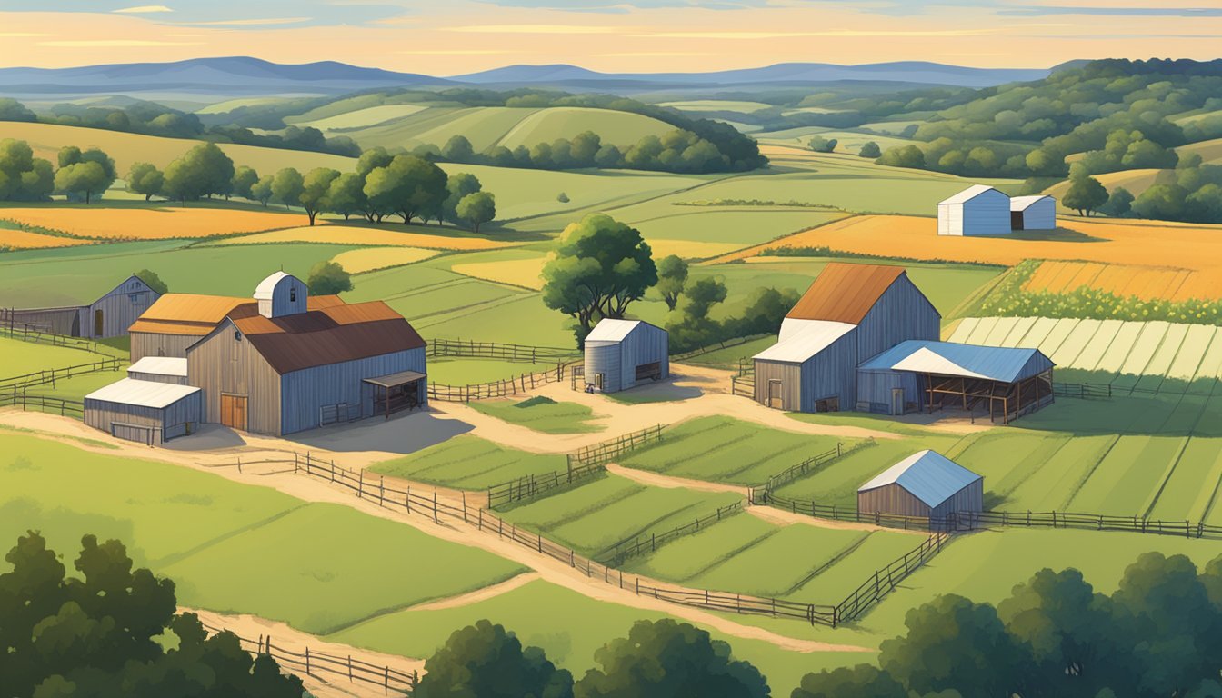 A rural landscape in Palo Pinto County, Texas, with a farmhouse, barn, and fields of crops, all surrounded by fencing and marked with ag exemption signs