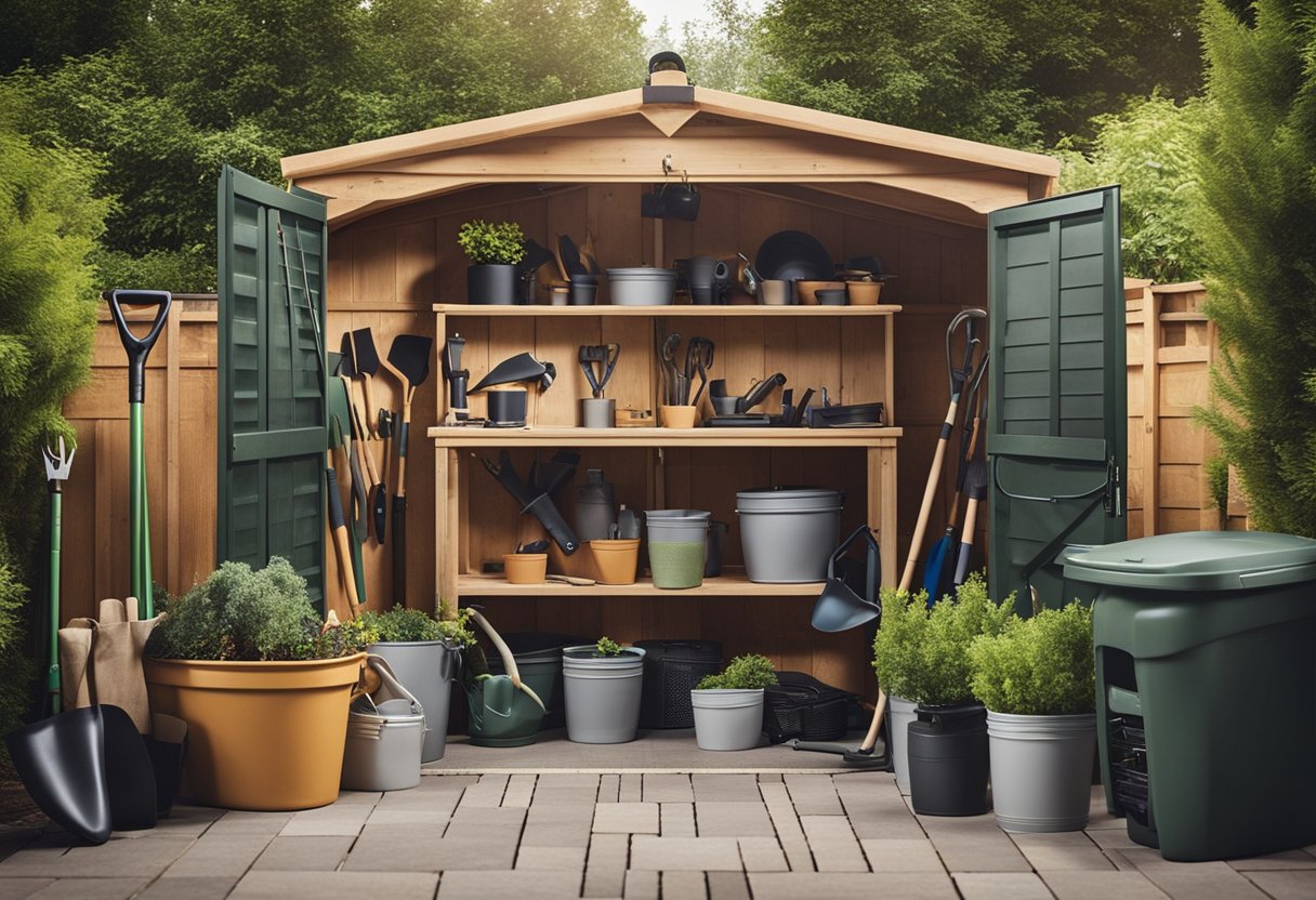 A sturdy outdoor shed surrounded by neatly organized gardening tools and equipment, with various storage solutions and creative ideas integrated into the outdoor space