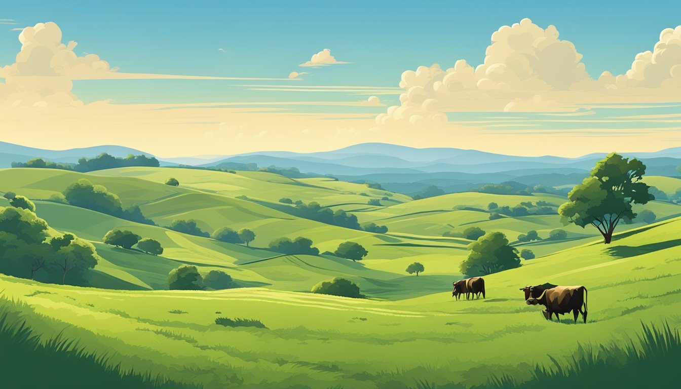 Rolling hills of green pastures dotted with grazing cattle, bordered by rustic wooden fences and a clear blue sky overhead