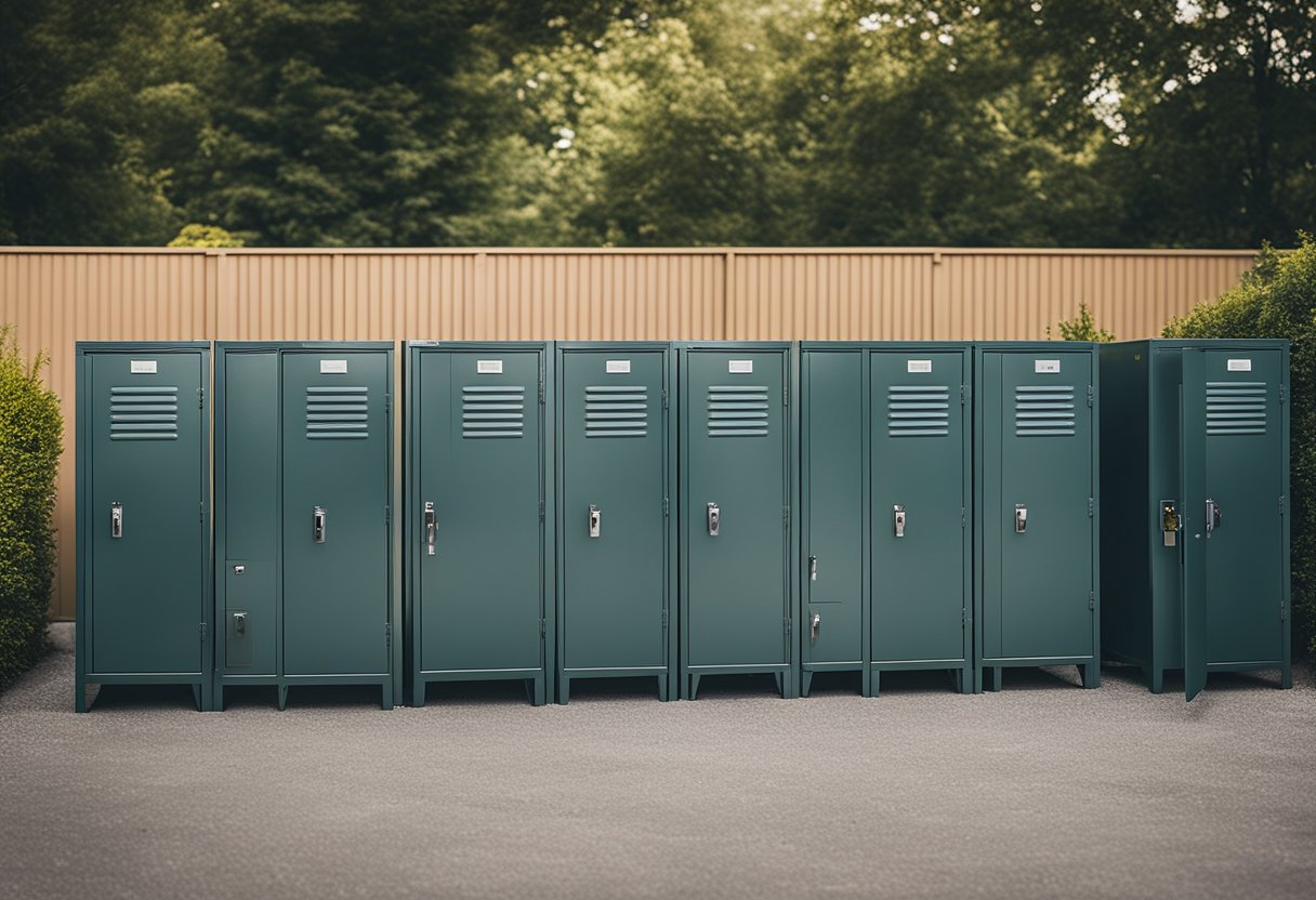 A backyard with a row of Arrow Steel Storage Lockers, surrounded by various outdoor storage solutions such as shelves, hooks, and bins