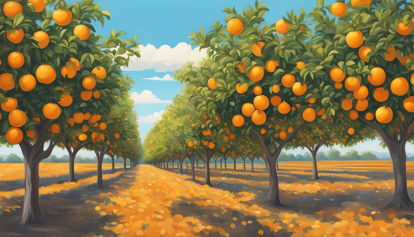 A sprawling orange orchard in Orange County, Texas, with rows of vibrant trees and a clear blue sky above