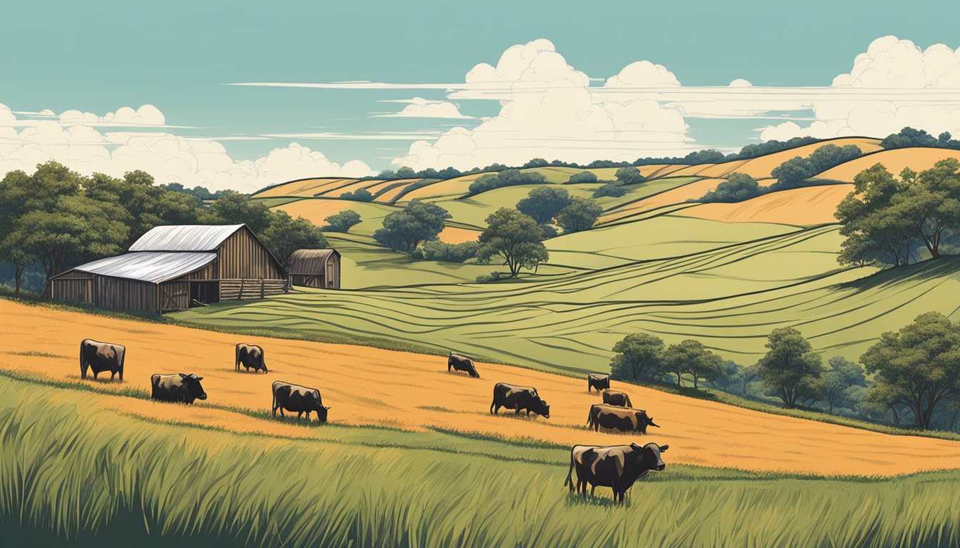 Rolling hills of farmland with grazing cattle, a rustic barn, and a clear blue sky in Orange County, Texas