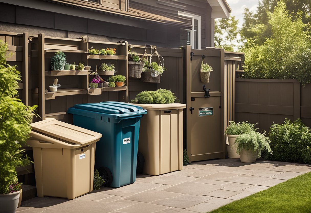 A backyard with a Suncast Cascading Resin Outdoor Storage Bin surrounded by various outdoor storage ideas such as shelves, hooks, and containers