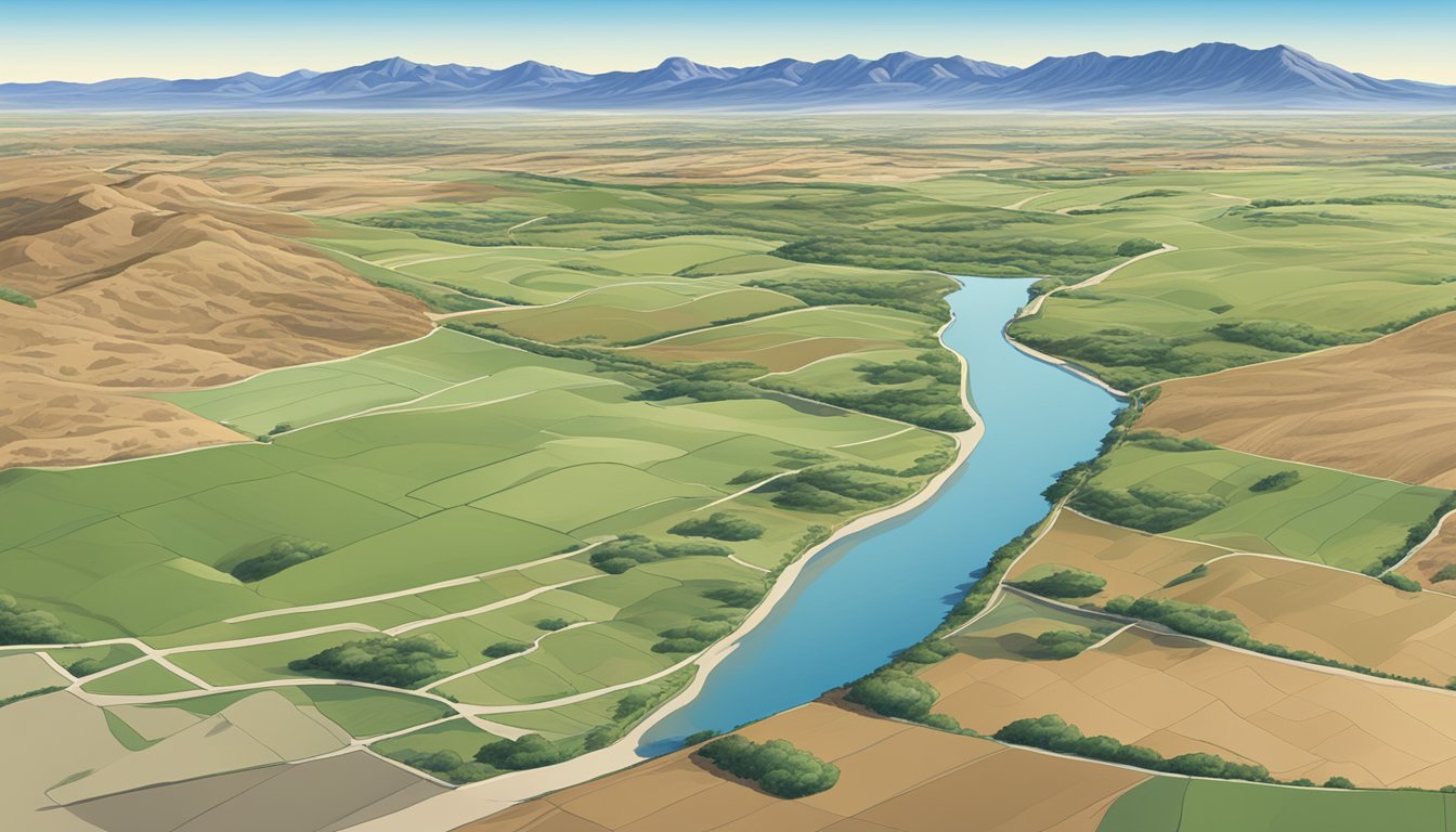 A sprawling landscape in Presidio County, Texas, with vast farmland and grazing fields, bordered by rugged mountains and a clear blue sky