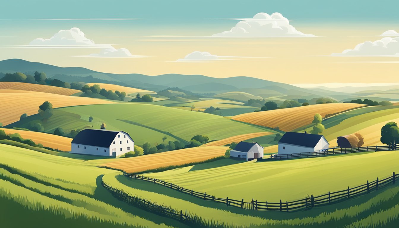 A rural landscape with a farmhouse, fields, and livestock, surrounded by rolling hills and a clear blue sky