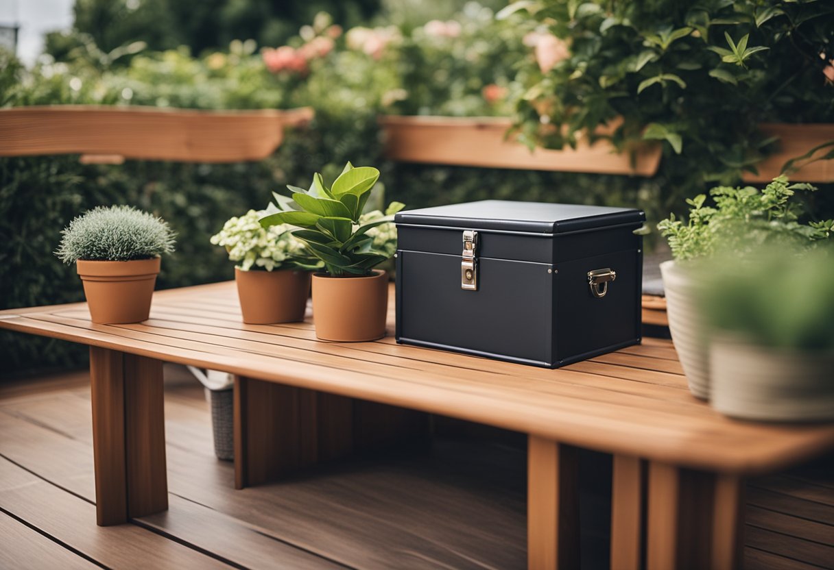 A deck box sits on a patio surrounded by potted plants and outdoor furniture, filled with various items neatly organized inside