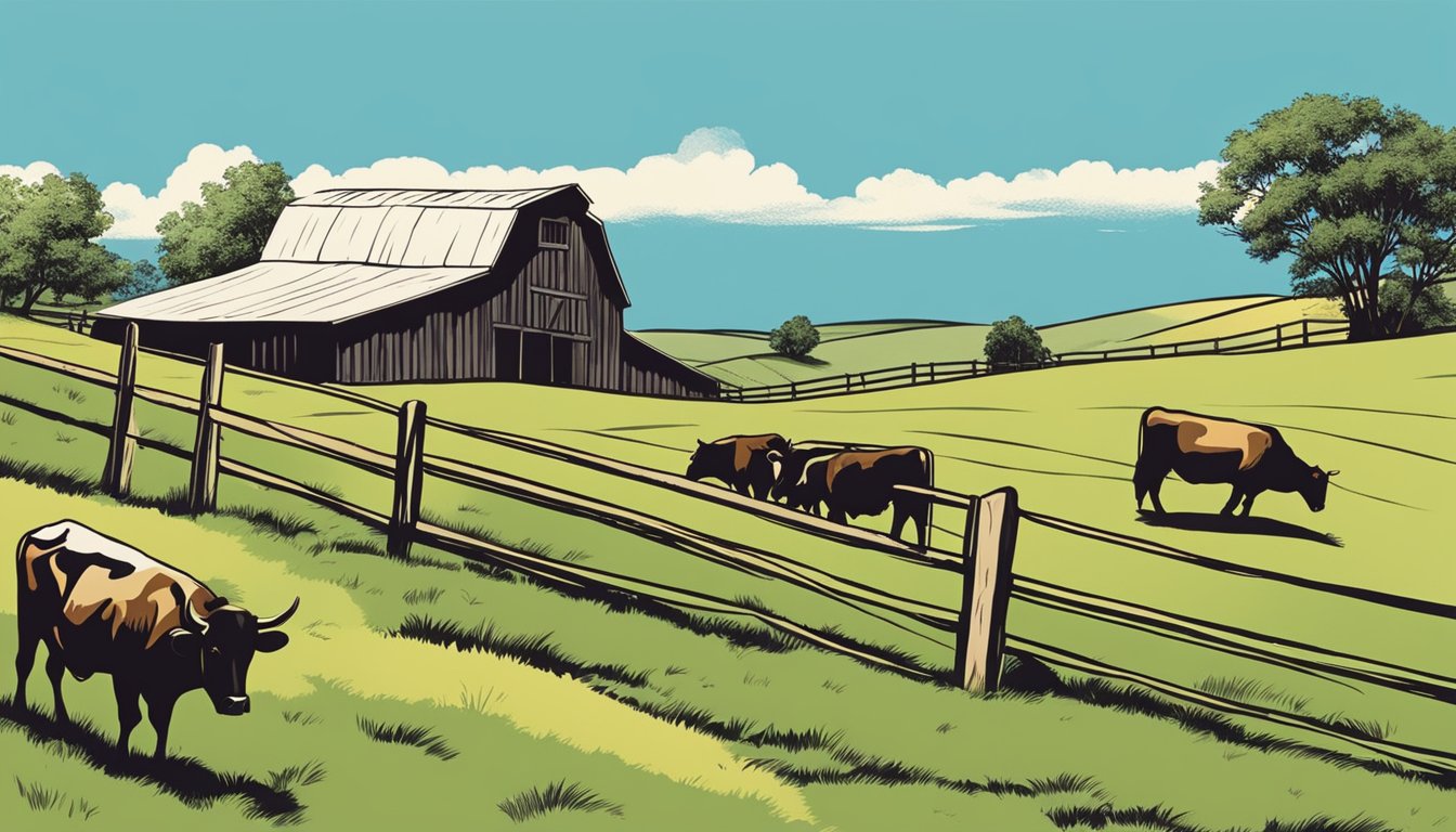 Rolling hills with grazing cattle, a rustic barn, and a clear blue sky