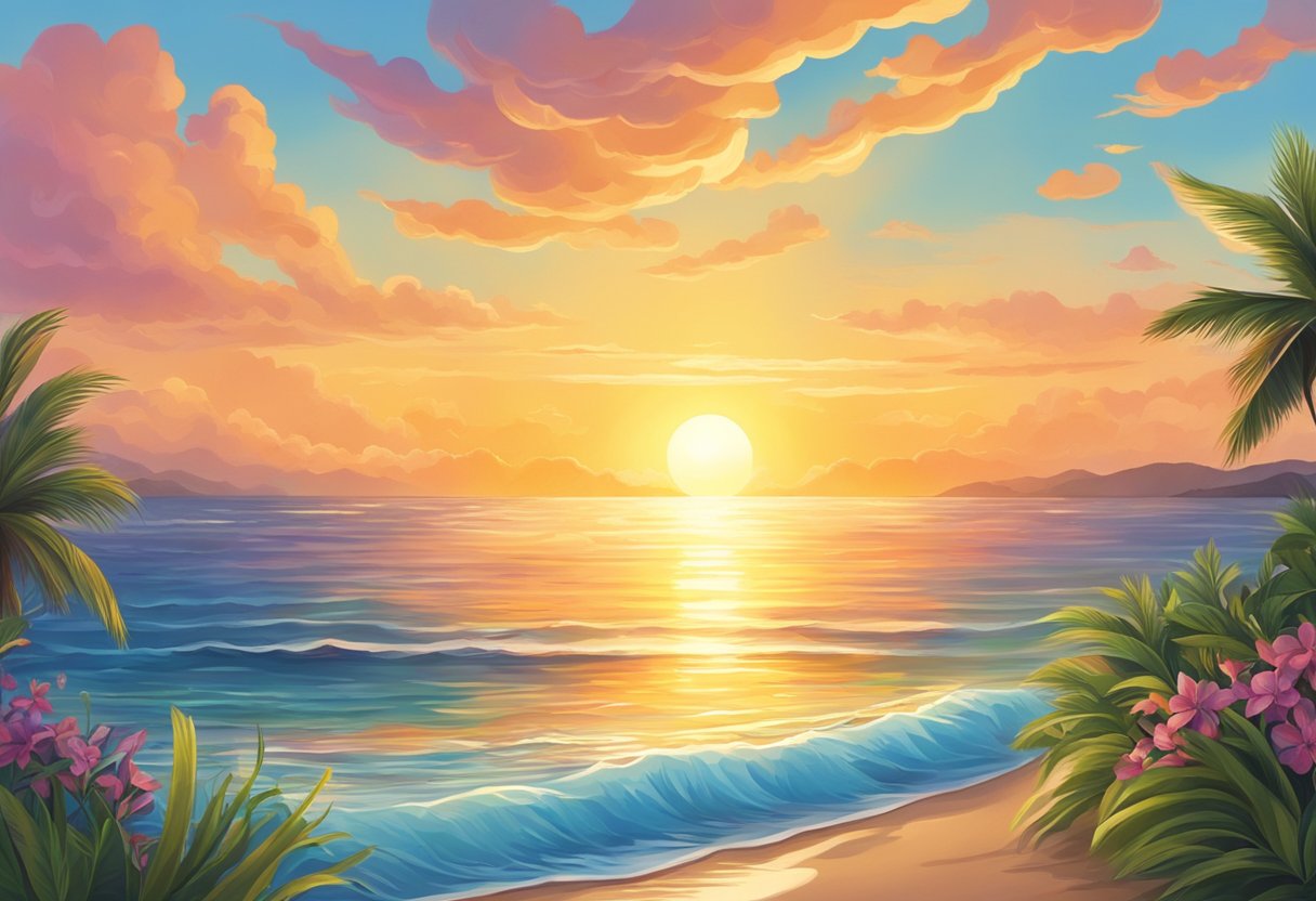 Digital art of a sunset over the ocean with beautiful clouds, palm, trees, and lush, green voyage, and Sandy Beach