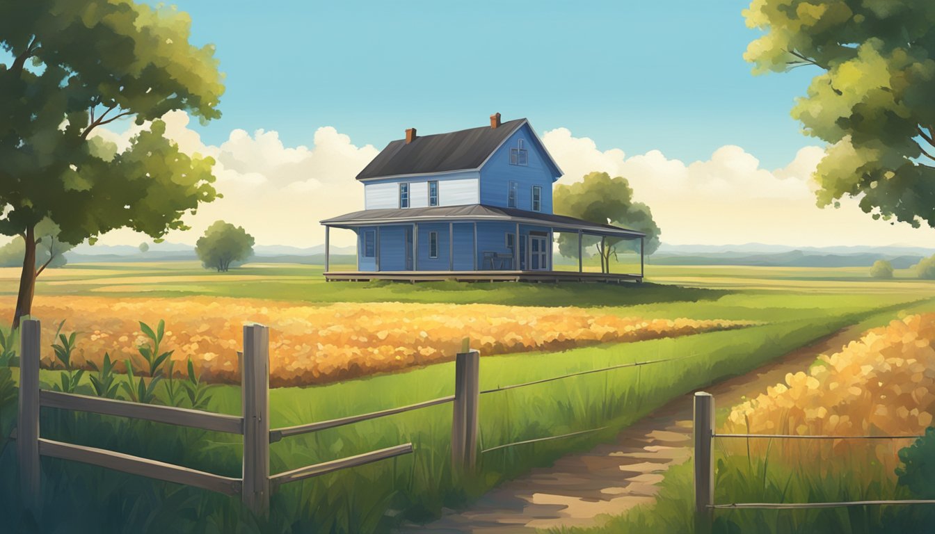 A rural Texas landscape with a small farmhouse, fields of crops, and a clear blue sky