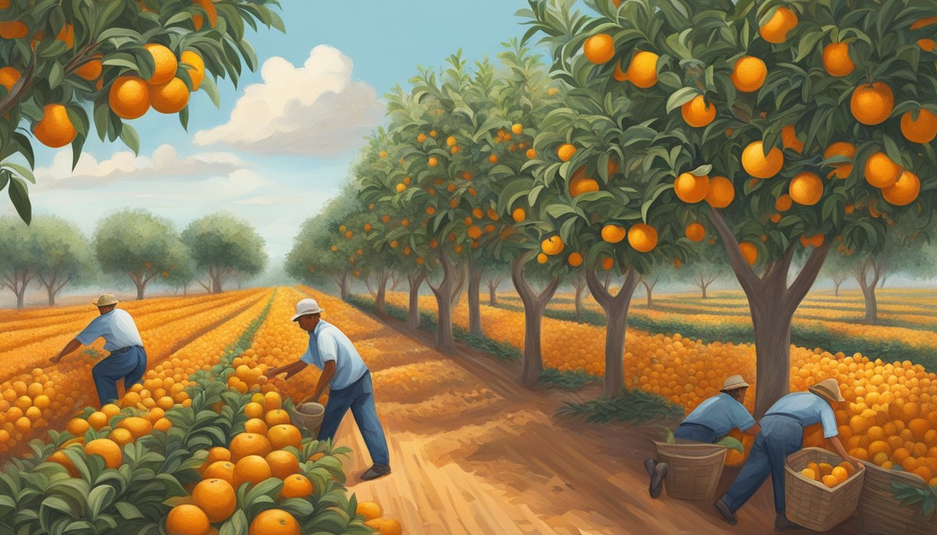 A sprawling orange grove in rural Orange County, Texas, with workers tending to the trees and harvesting ripe fruit