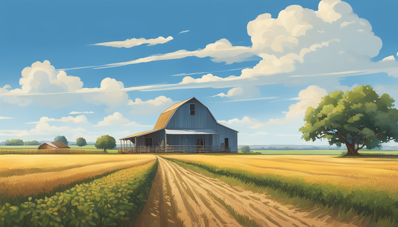 A rural landscape in Ochiltree County, Texas with a farmhouse, barn, and fields of crops under a bright blue sky