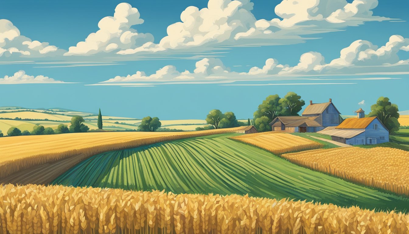 Rolling fields of wheat and corn stretch to the horizon, under a bright blue sky. A farmhouse sits nestled among the crops, with grazing cattle in the distance