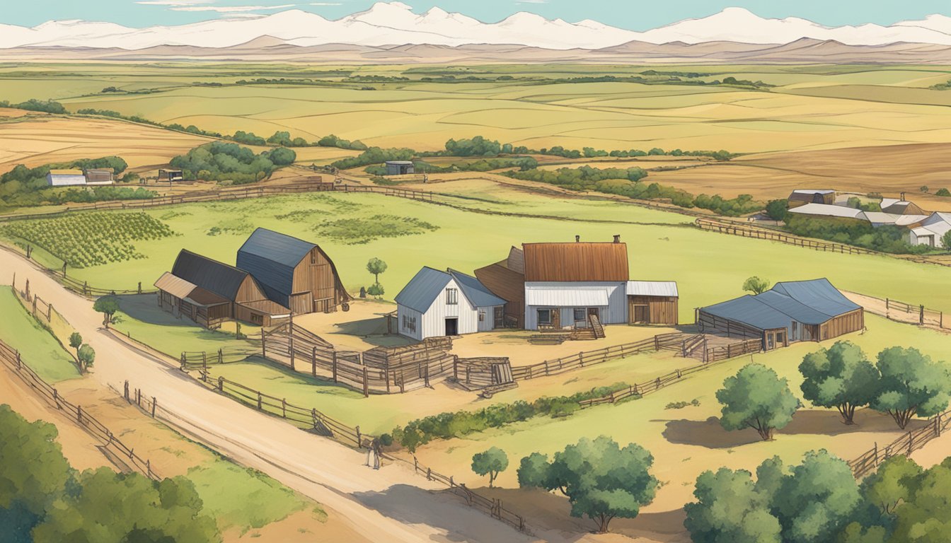 A rural landscape in Presidio County, Texas, featuring a sprawling agricultural property with livestock and crops, alongside a sign indicating tax exemption