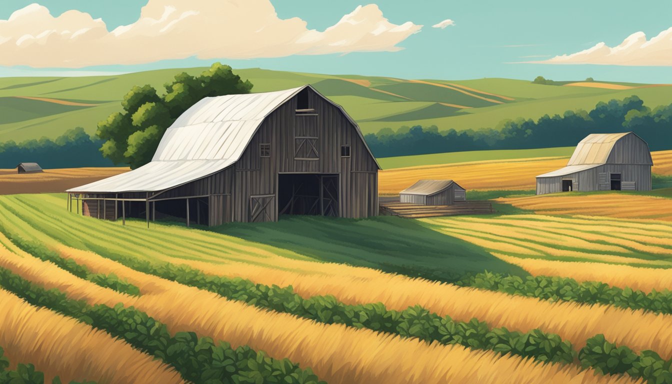 Rolling hills, a rustic barn, and a sprawling field of crops under the Texas sun