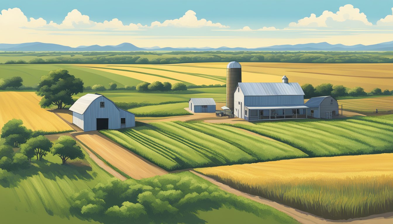 A rural landscape in Nueces County, Texas, with a farmhouse, barn, and fields of crops under a clear, blue sky