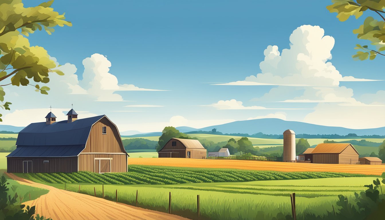 A rural landscape with a farmhouse, barn, and fields of crops under a clear blue sky