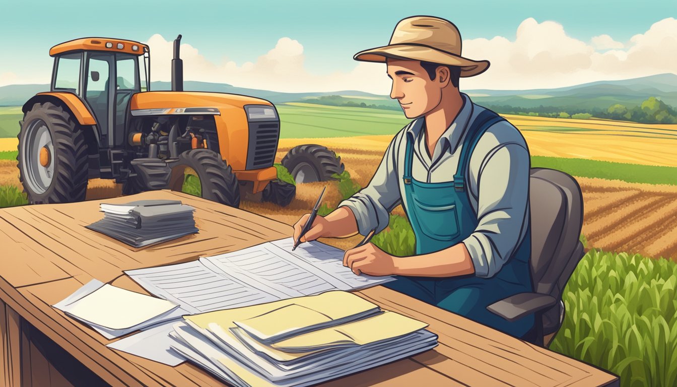 A farmer filling out paperwork at a desk with agricultural equipment and fields in the background