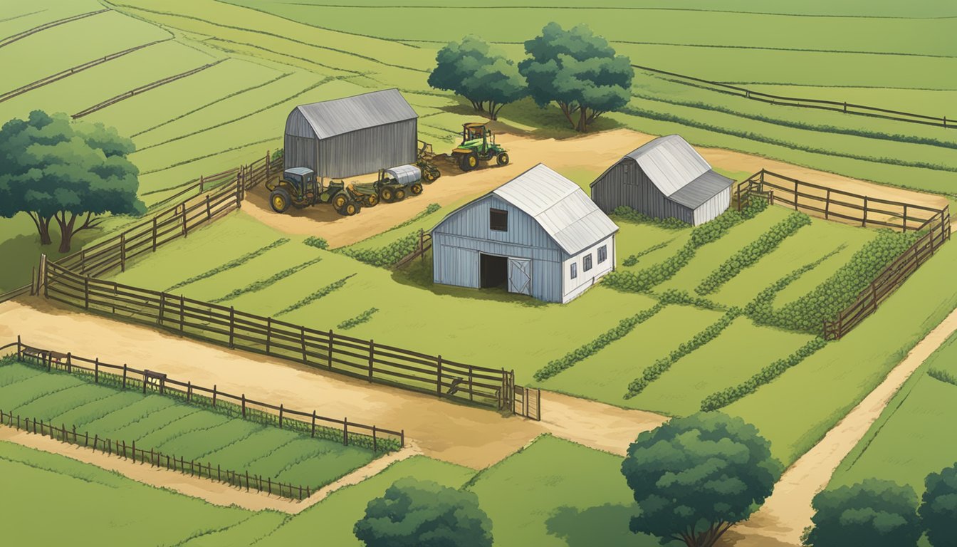 A rural landscape in Newton County, Texas, with fields of crops and livestock, surrounded by a fence and marked with agricultural exemption signs