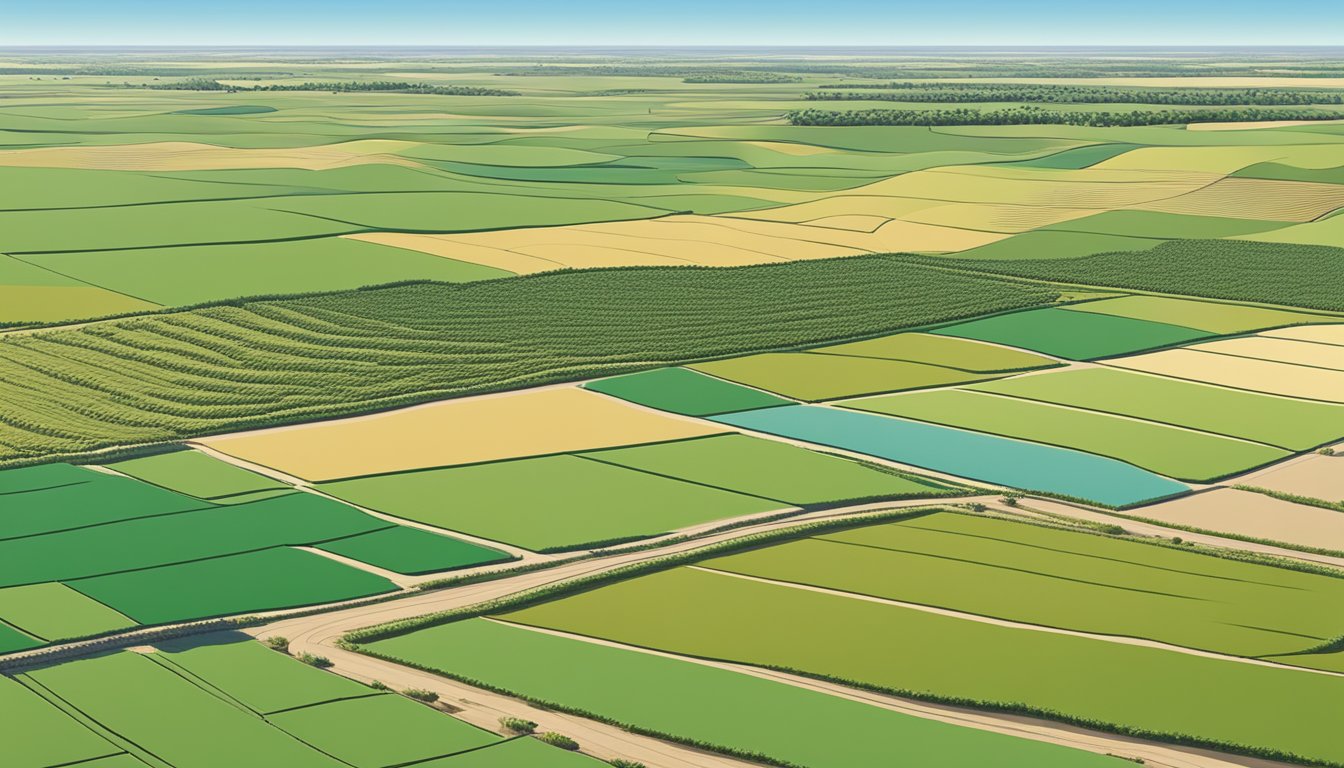 A vast expanse of farmland in Pecos County, Texas, with rows of crops and grazing livestock, under a clear blue sky