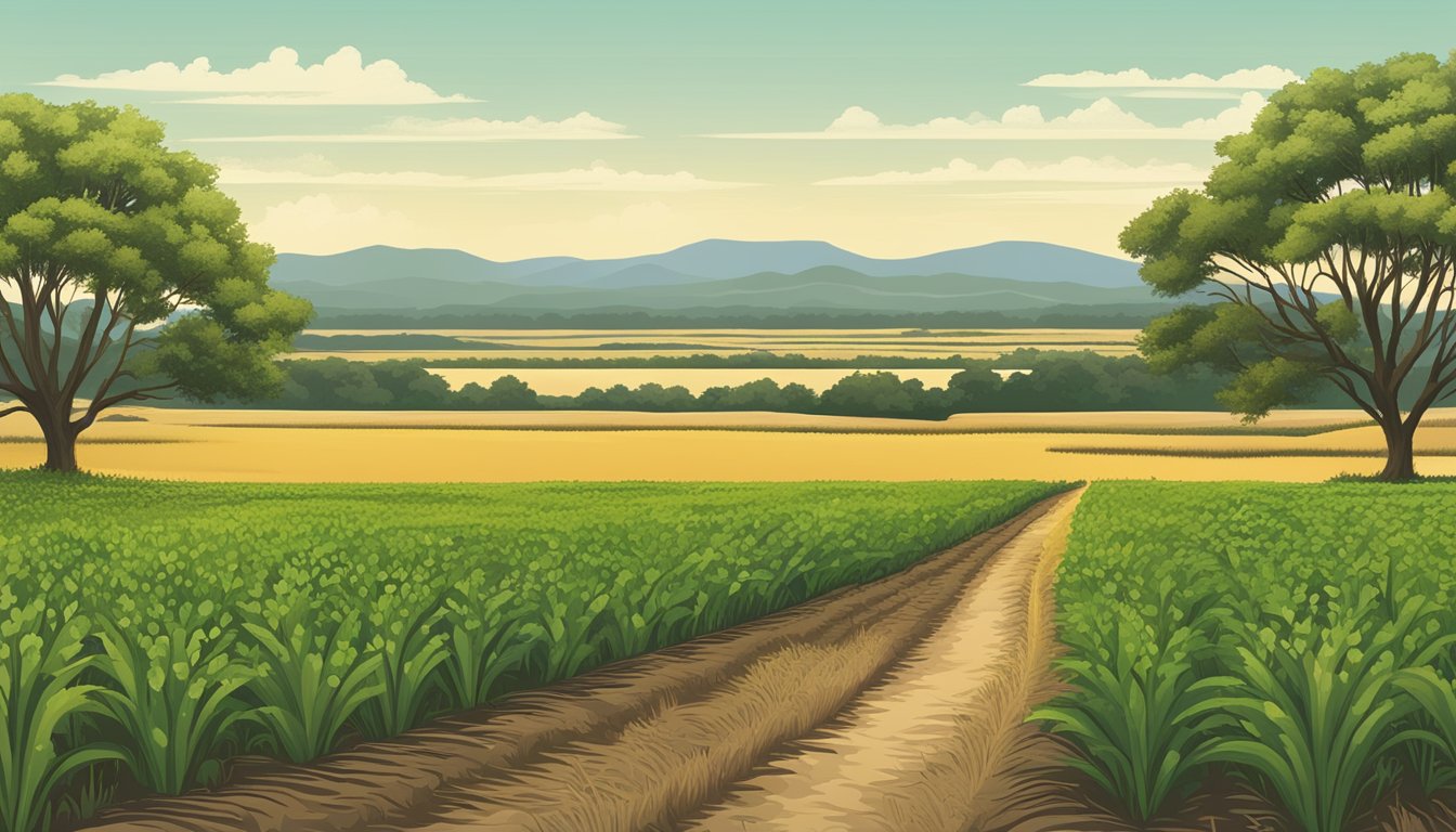 Rolling fields of crops and dense forests in Nueces County, Texas, with agricultural and timber registration signs for ag exemption