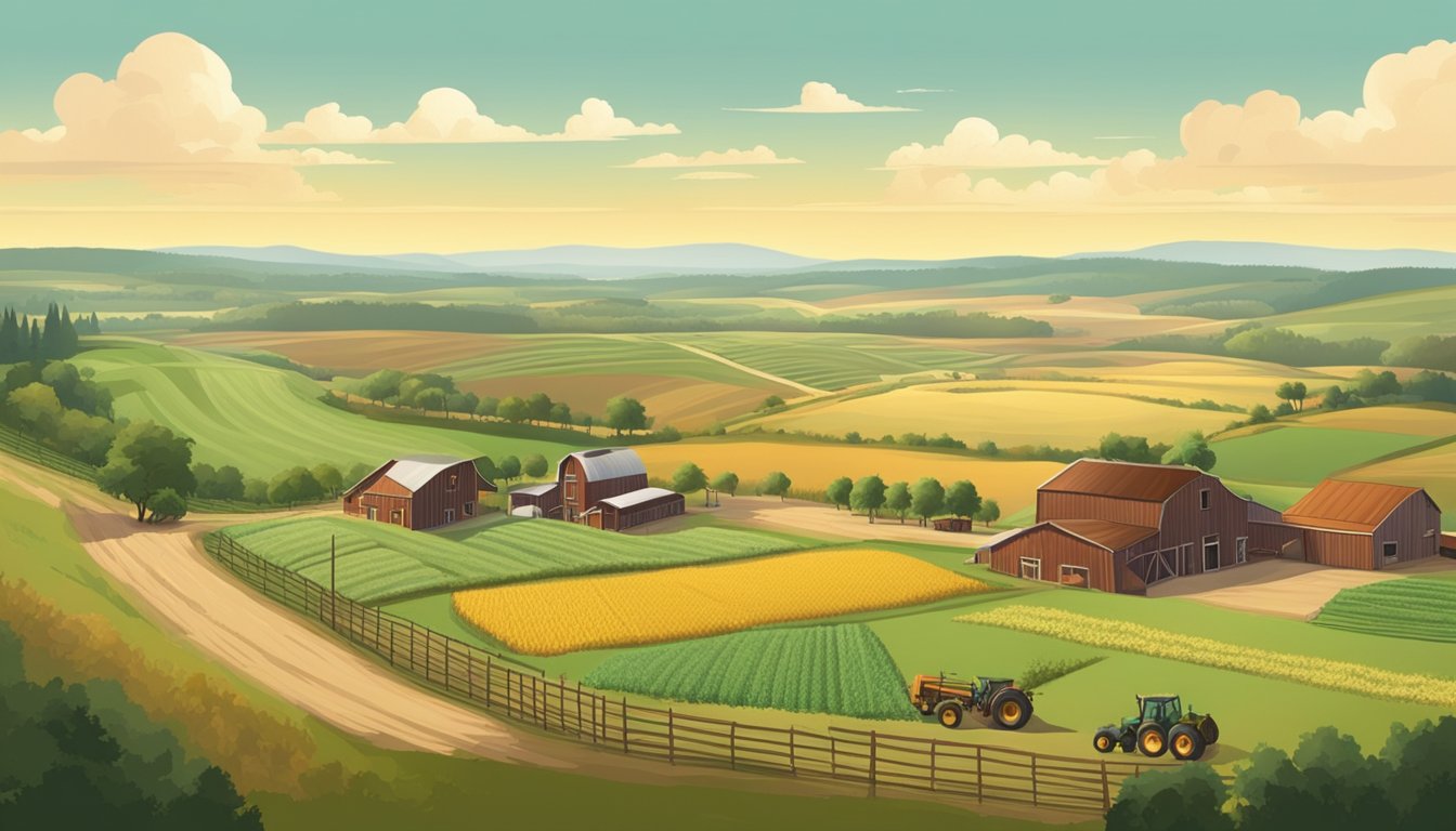 A rural landscape with a large farm or ranch, featuring fields, livestock, and agricultural equipment. The scene should convey the essence of agricultural activity and the vastness of the land