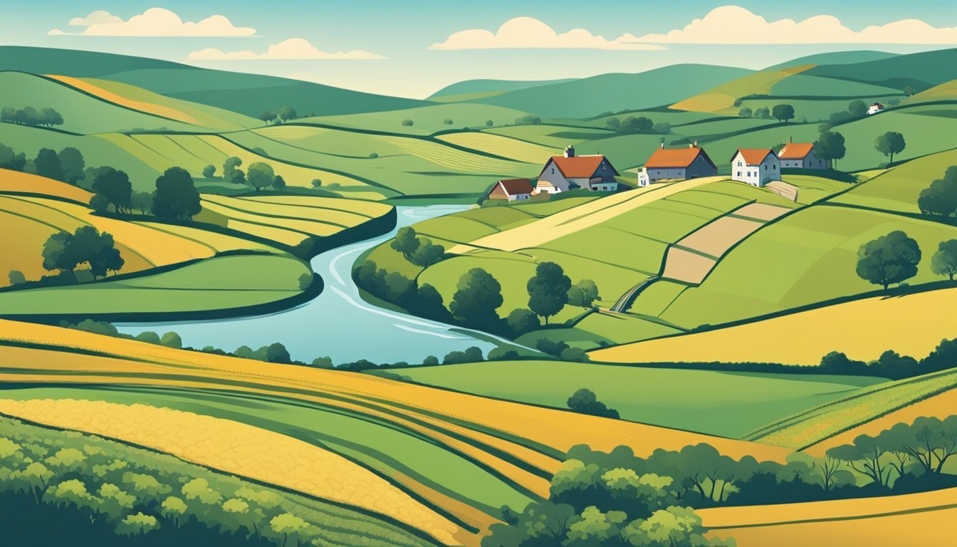 Rolling hills of farmland with grazing cattle, bordered by a winding river and dotted with farmhouses. A county tax assessor marks agricultural exemptions on the properties