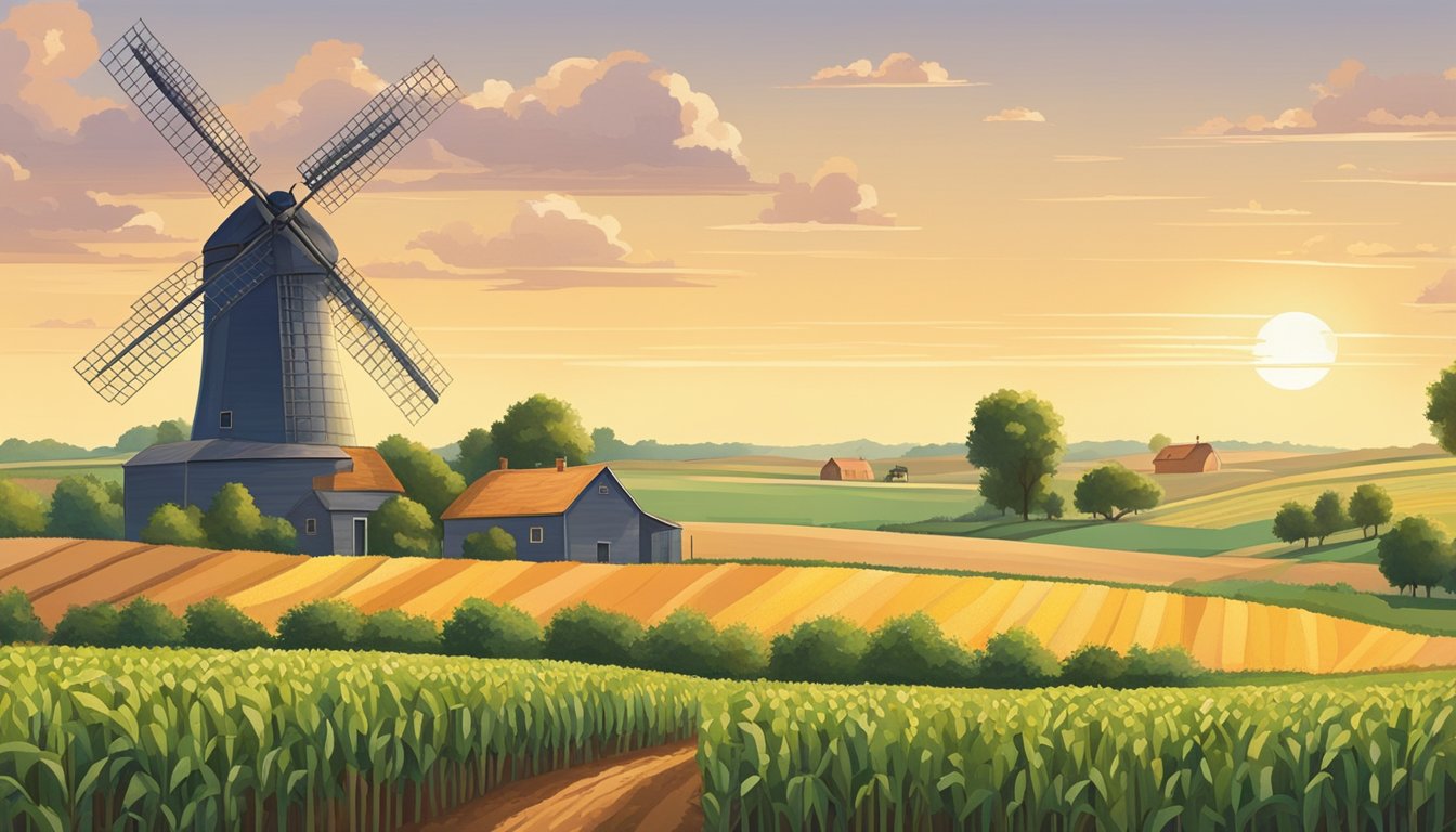 Rolling fields of wheat and corn stretch to the horizon, bordered by neat rows of fruit trees. A windmill turns lazily in the distance, and a tractor plows a furrow through the rich earth