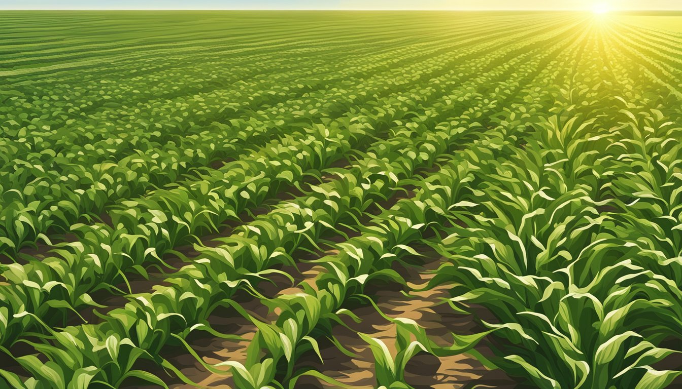 A vast field of crops stretches across the flat landscape of Pecos County, Texas, with rows of corn, cotton, and wheat under the bright sun