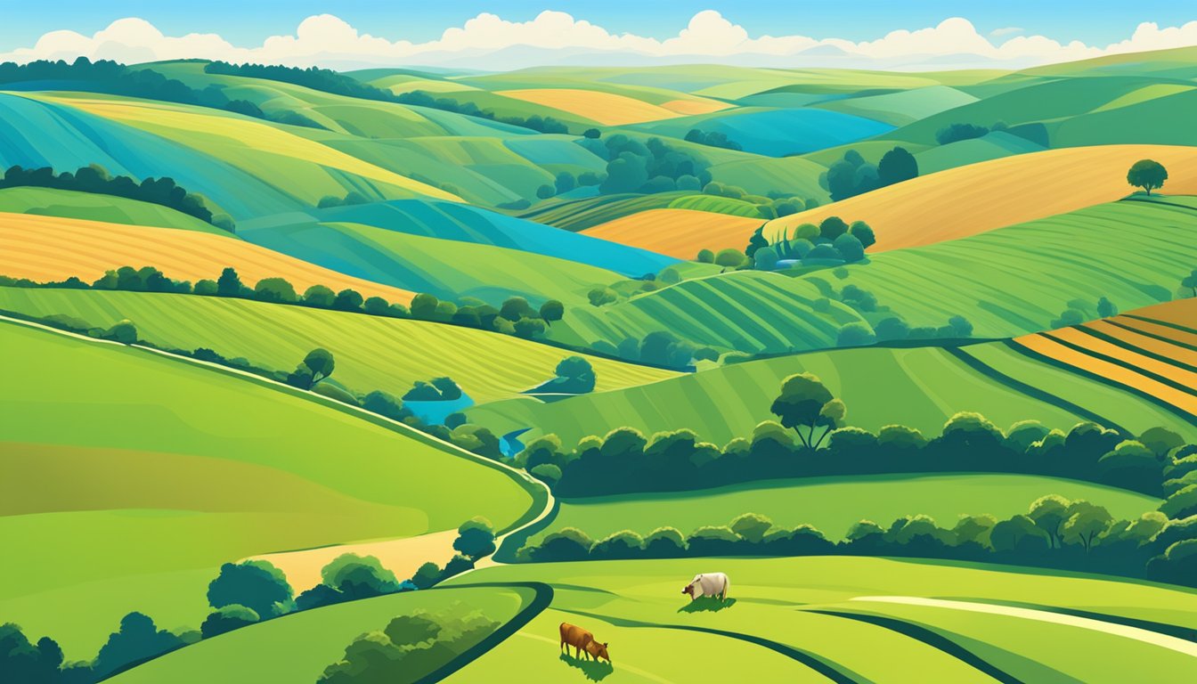 Rolling hills of farmland, dotted with grazing cattle and plowed fields under a bright blue sky