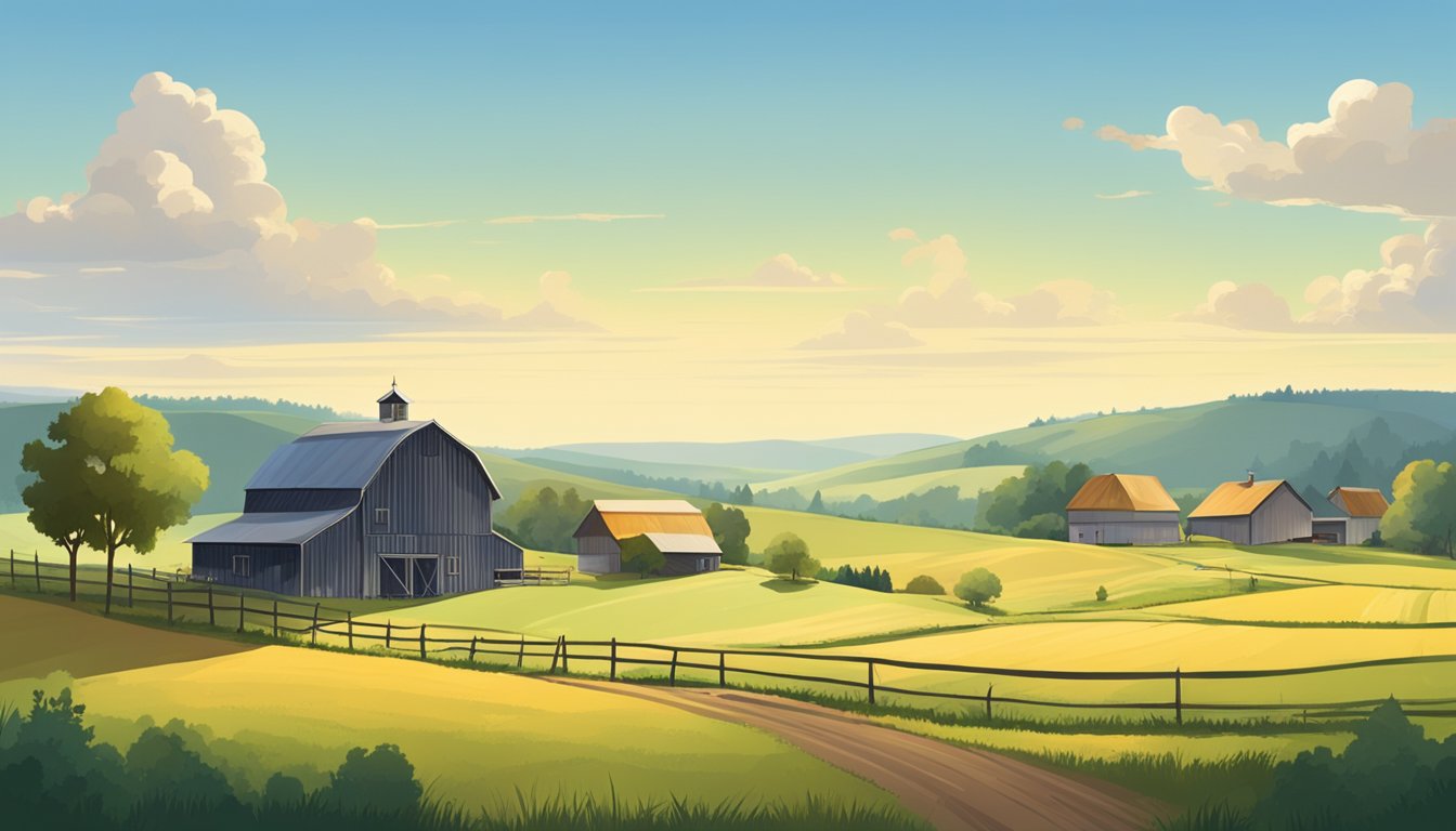 A rural landscape with a farmhouse, barn, and grazing livestock surrounded by fields and forests under a clear blue sky