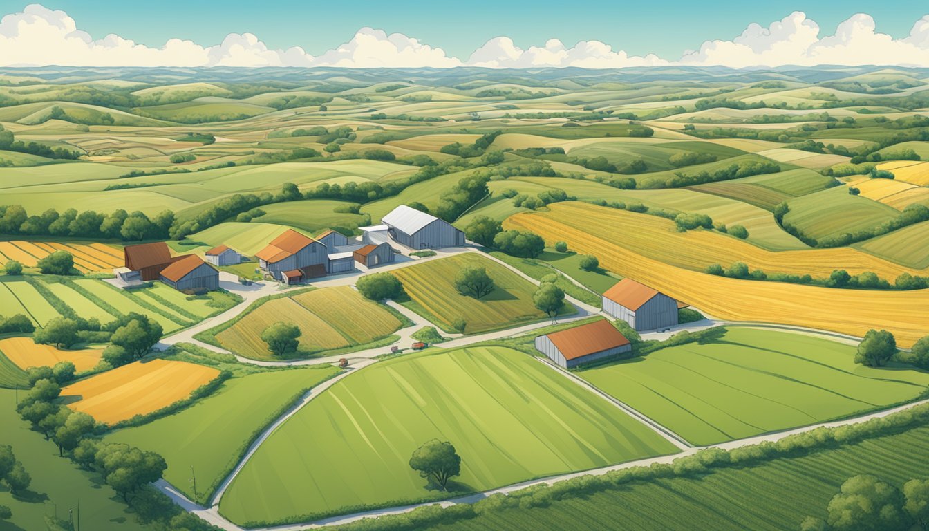 A sprawling farm in Navarro County, Texas, with fields of crops and grazing livestock, surrounded by rolling hills and a clear blue sky