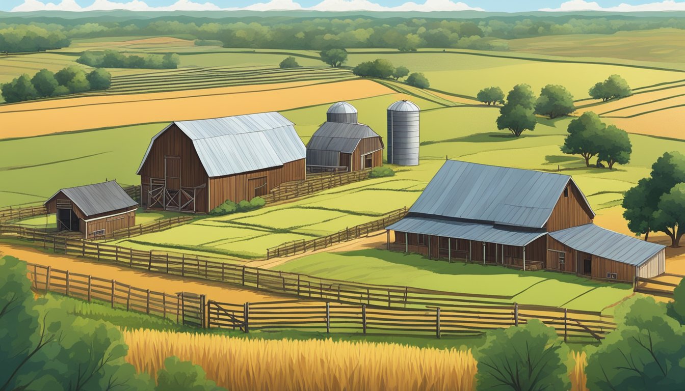 A sprawling farm in Navarro County, Texas, with fields of crops and grazing livestock, surrounded by a rustic wooden fence