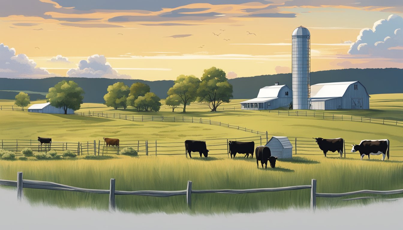 A sprawling Texas ranch with cattle grazing in the fields, a farmhouse, and a barn with the Otley County sign displayed