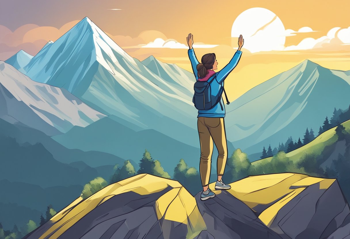 A woman overlooking large mountains on a hike at Sunset, living her best life.