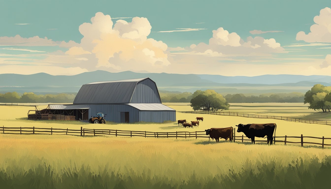 A sprawling Texas landscape with cattle grazing in a vast field, a tractor working the land, and a barn in the distance