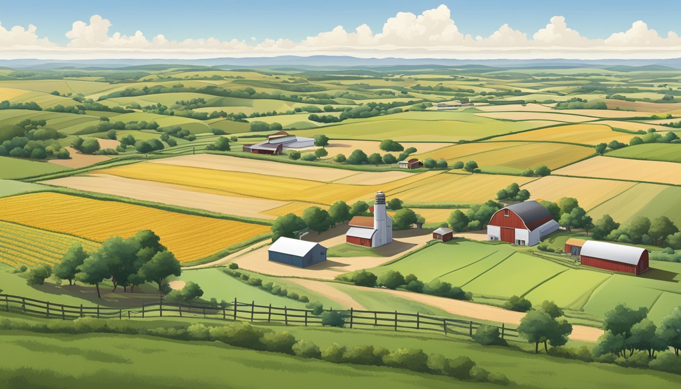 A sprawling farm in Navarro County, Texas, with fields of crops and livestock grazing under the open sky, surrounded by rolling hills and a clear horizon