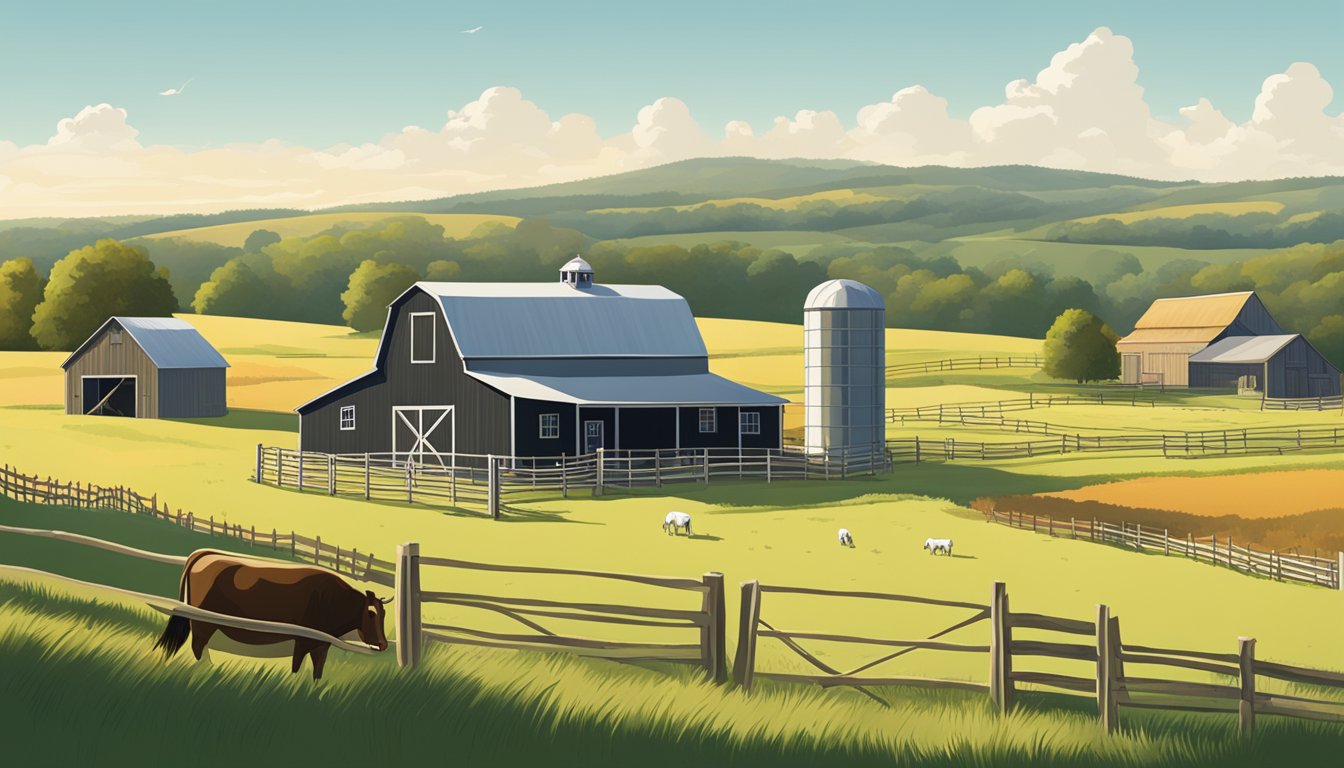 A rural landscape with a farmhouse, barn, and grazing livestock surrounded by fields and fences, under a clear Texas sky