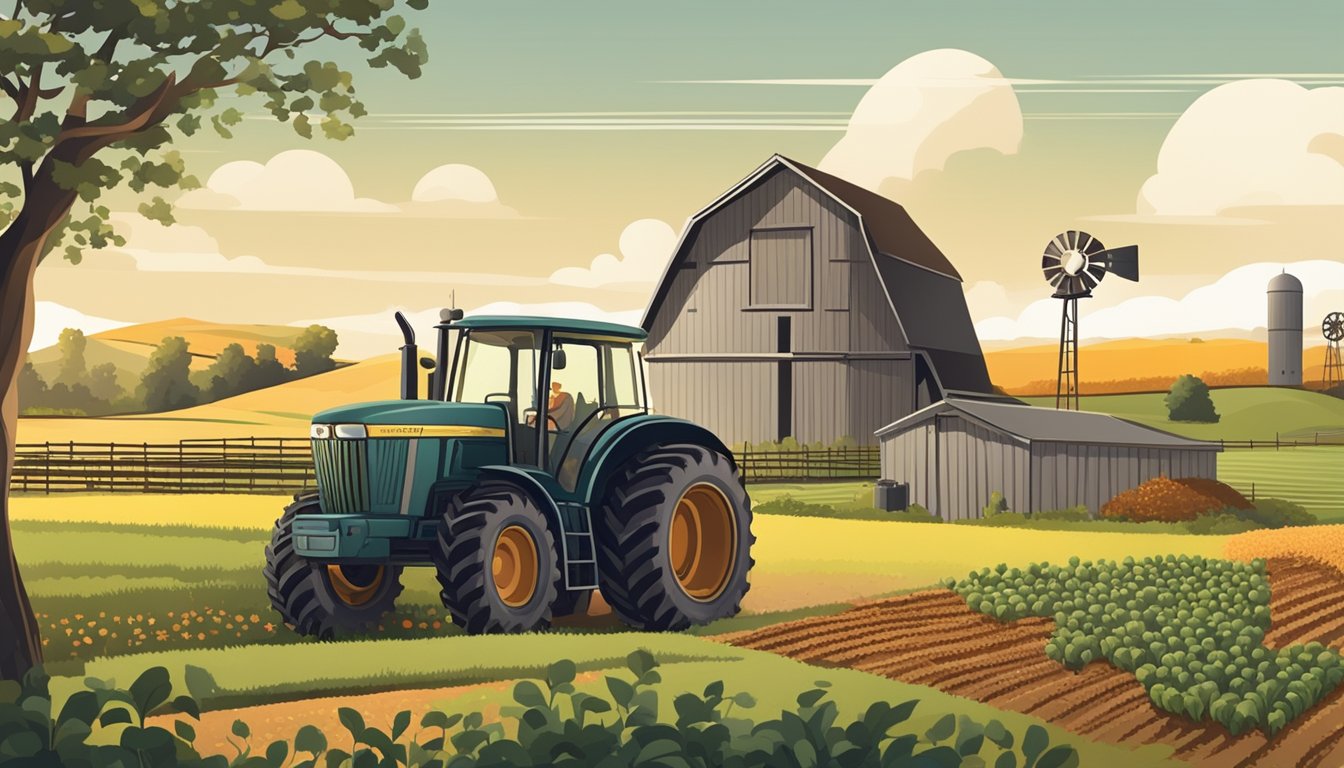 A rural landscape with a farmhouse, barn, and fields of crops. A tractor and farming equipment are visible, along with a sign indicating "Agricultural Exemption."