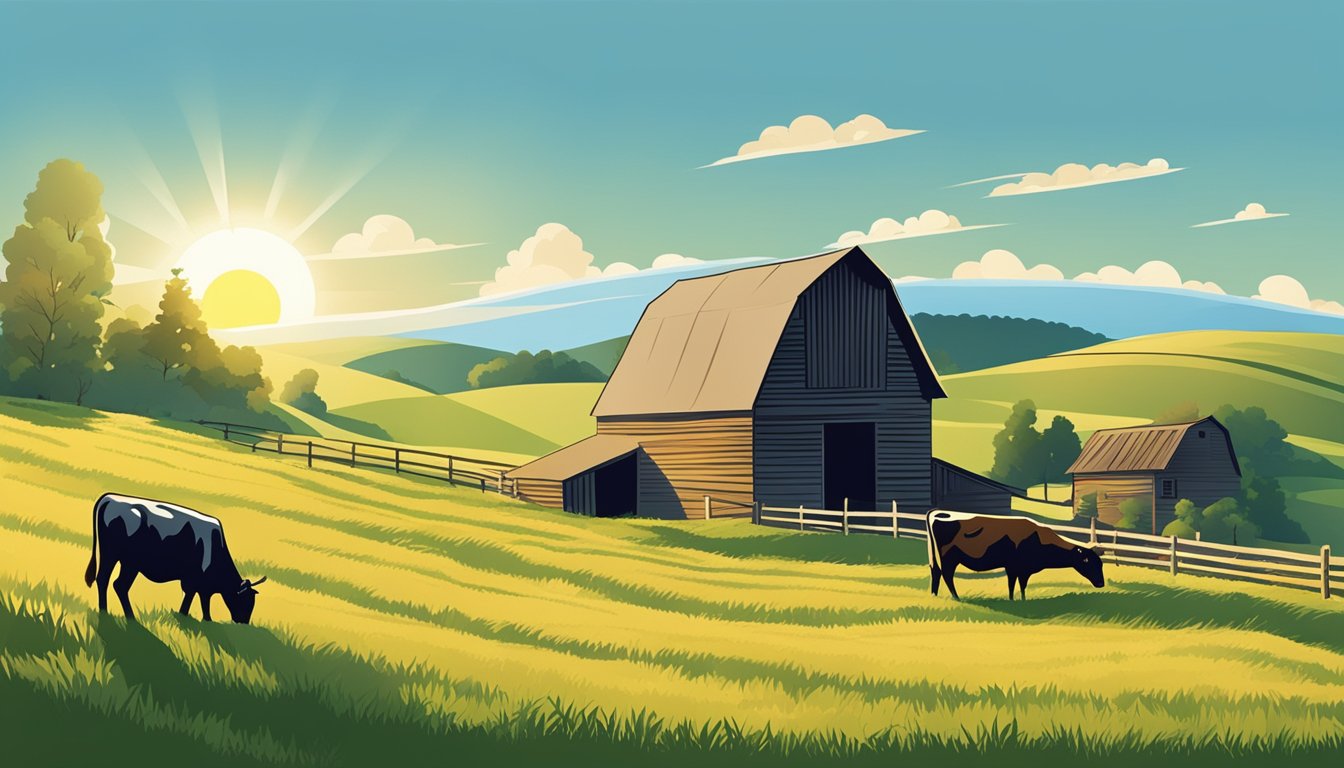 Rolling hills with grazing cattle, a rustic barn, and a clear blue sky with a shining sun