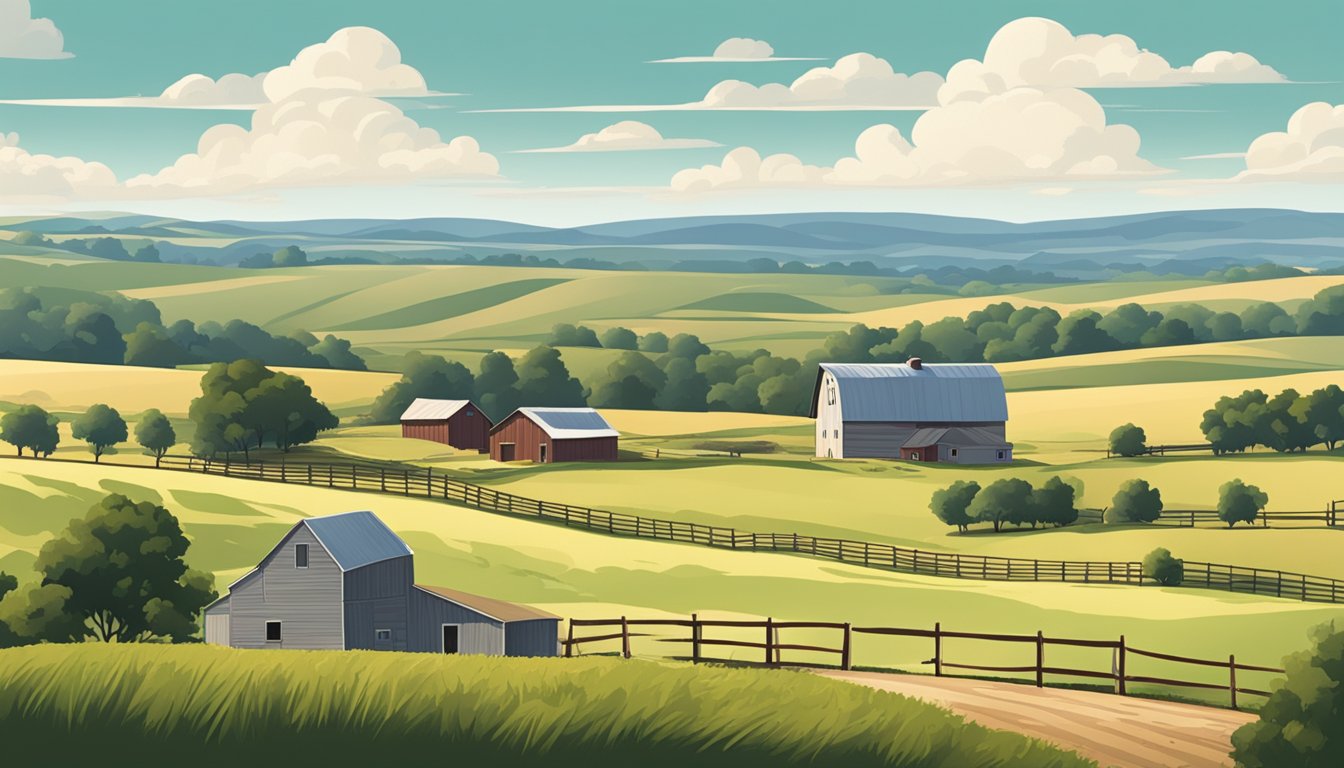 A rural landscape with a farmhouse, barn, and fields in Otley County, Texas. A clear sky and rolling hills complete the scene