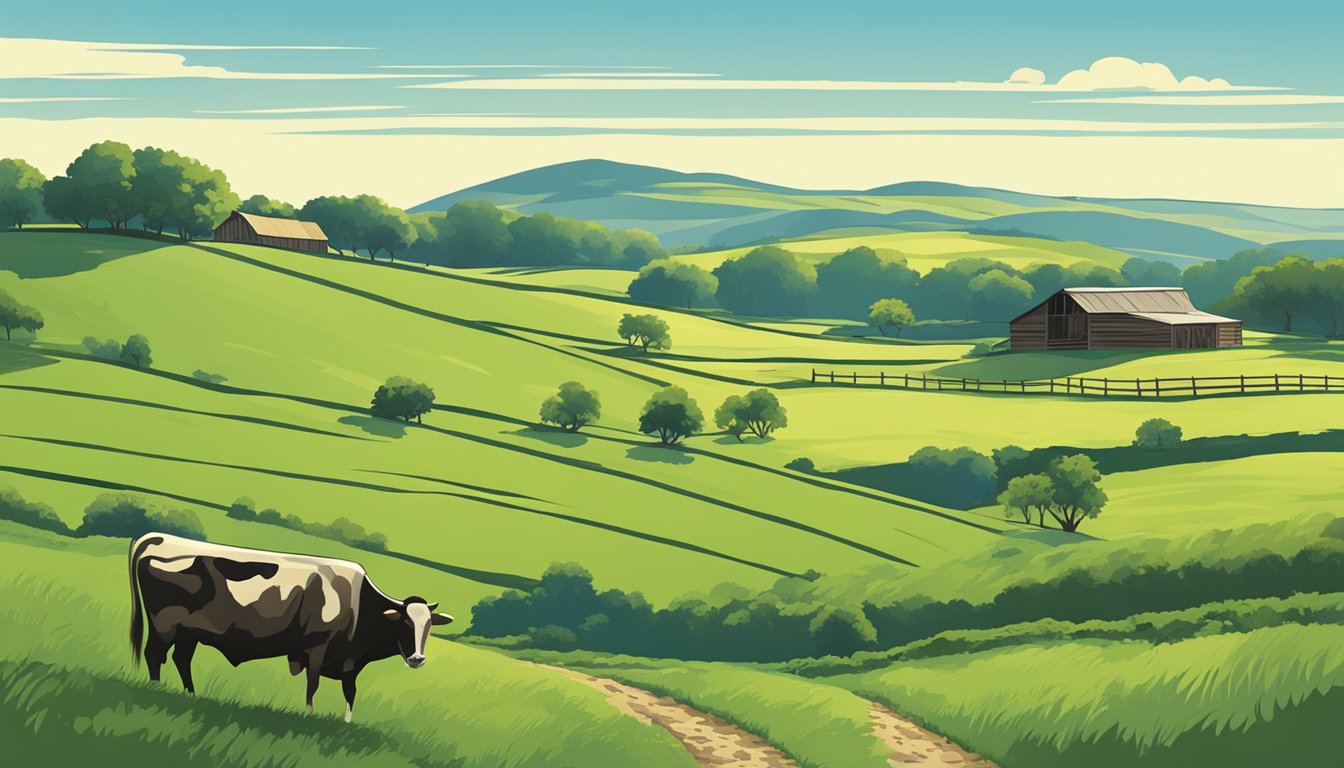 Rolling hills of green pasture with grazing cattle, a rustic barn in the distance, and a clear blue sky overhead