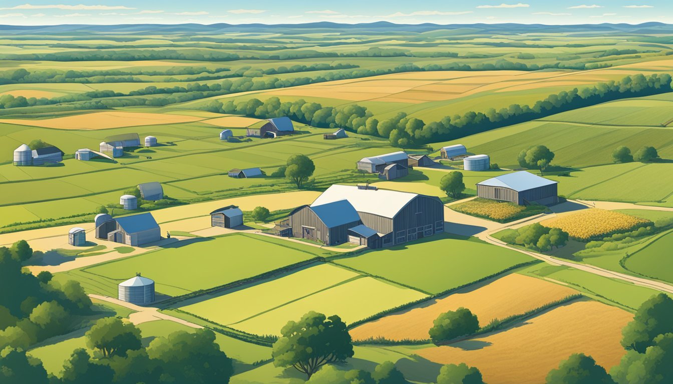 A sprawling rural landscape in Panola County, Texas, featuring vast fields of crops, grazing livestock, and farm buildings, surrounded by rolling hills and a clear blue sky