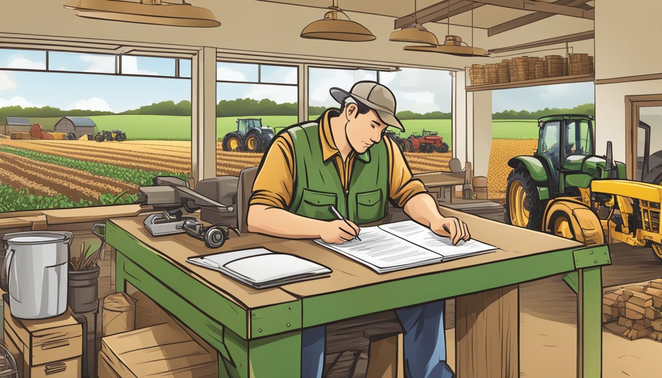 A farmer filling out paperwork at a desk with agricultural equipment in the background